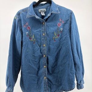 Cabin Creek Women Denim Jean Embroidered Collared Long Sleeve‎ Size L, Vintage